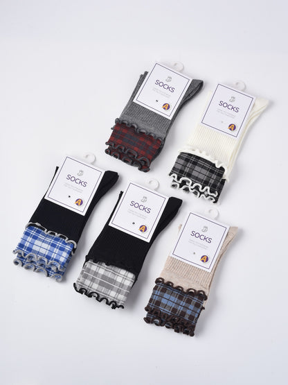 Rufia - Ruffled Edge Plaid Mid-Calf Winter Socks