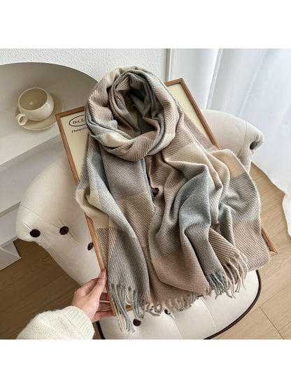 Scarvii - Colorblock Plaid Fringed Winter Scarf