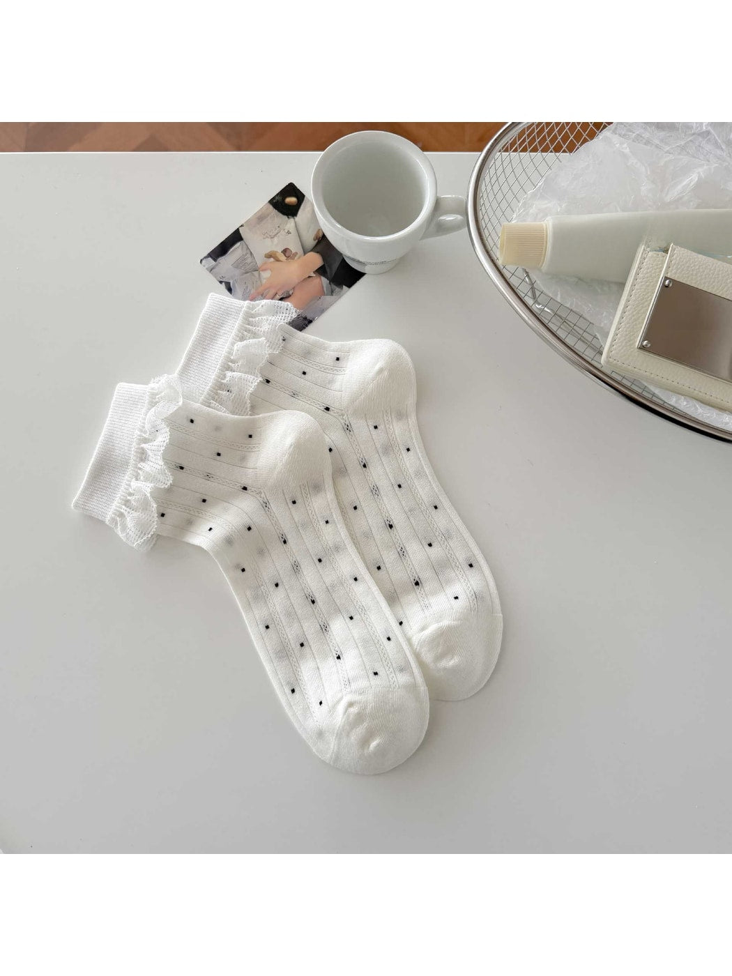 Rufia - Polka Dot Lace Trim Sweet Style Crew Socks