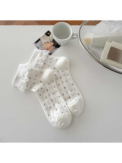 Rufia - Polka Dot Lace Trim Sweet Style Crew Socks