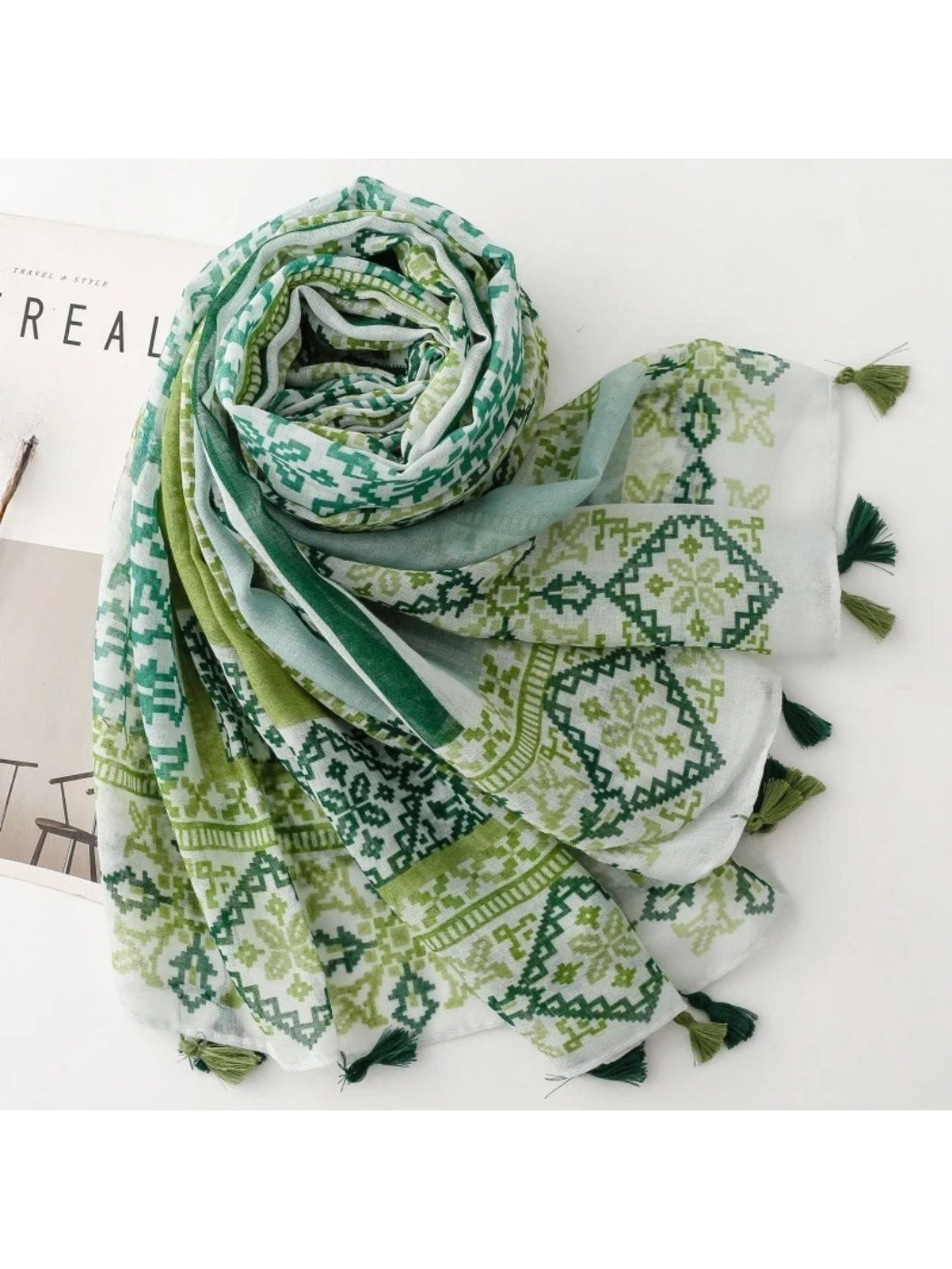 Scarvii - Green Geometric Patchwork Tassel Wrap Scarf