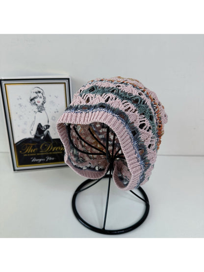 Haila - Retro Striped Cutout Knit Beanie