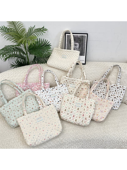 Cosbai - Floral Quilted Tote Bag with Cartoon Pattern