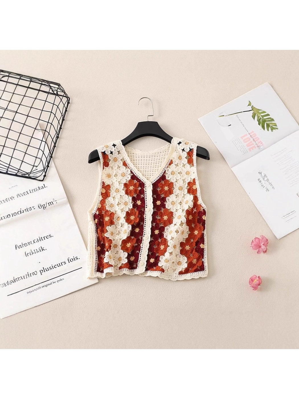 Crosa - Floral Hollow Out Button Front Vest