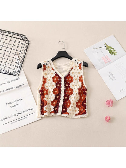Crosa - Floral Hollow Out Button Front Vest