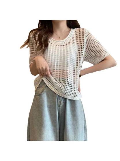 Crosa - Round Neck Hollow Out Knit Pullover Top