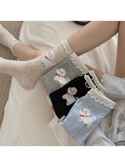 Rufia - Cartoon Dog Ruffle Cuff Casual Crew Socks