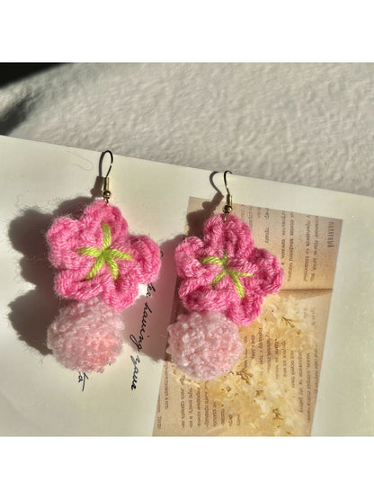 Earwish - Pink Crochet Flower Shaped Earrings