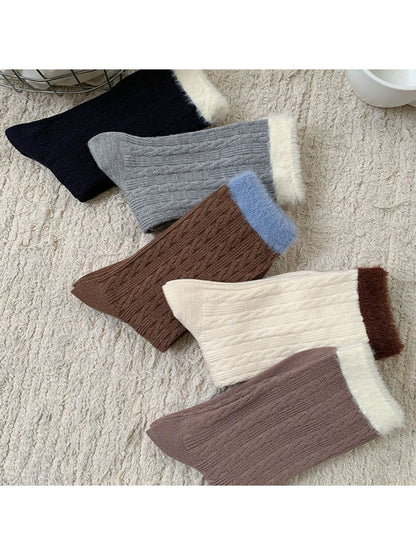 Rufia - Contrast Cuff Textured Casual Crew Socks