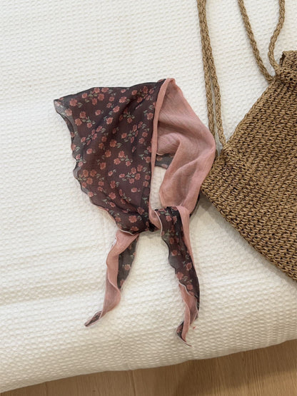Close-up of Scarvii boho floral triangle bandana scarf fabric with detailed floral print