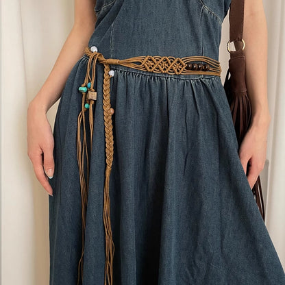 Beco Blue Beaded Braided Wide Tassel Tie Waist Belt product shape