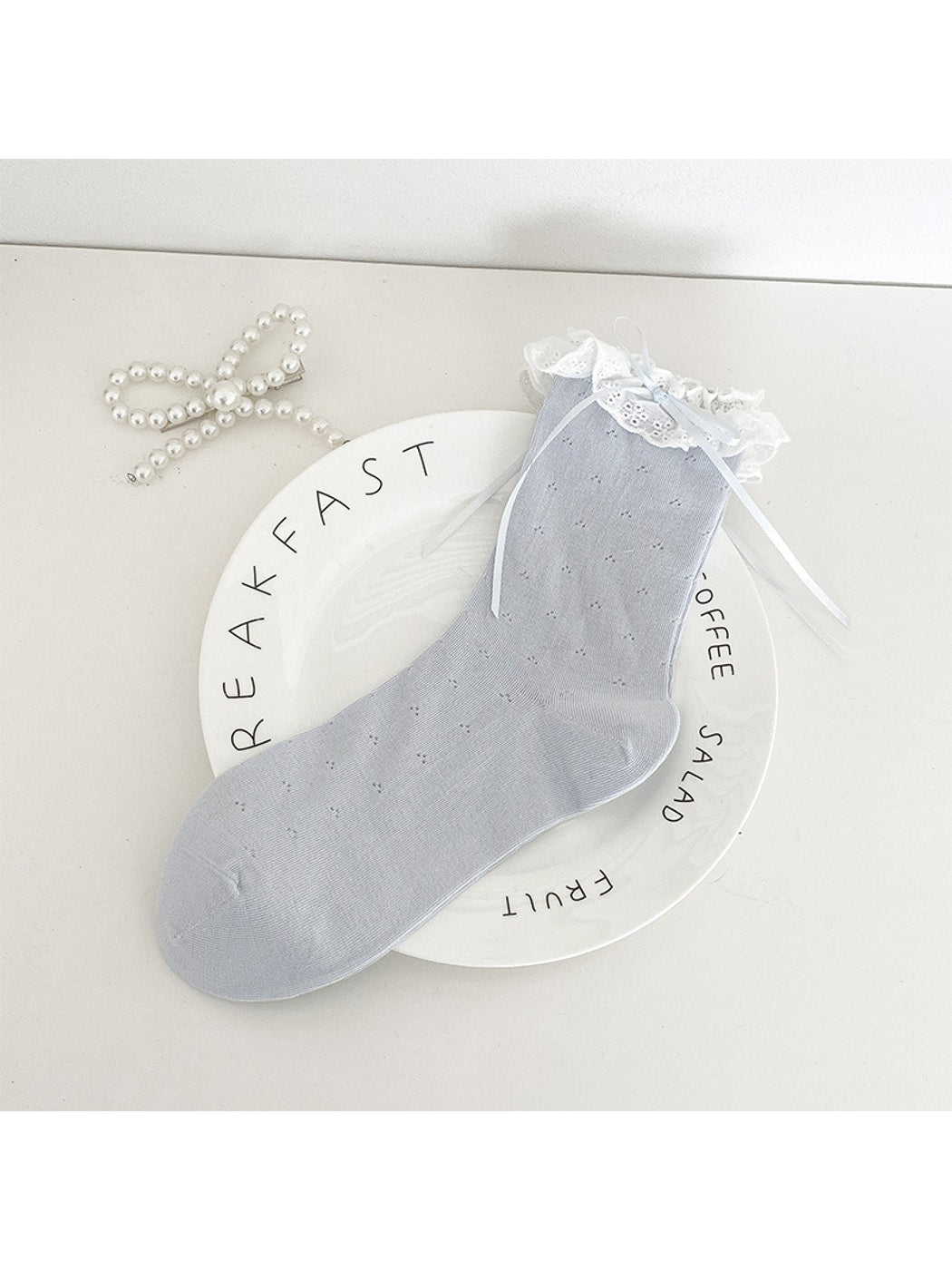Rufia - Lace Trim Bow Detail Solid Color Crew Socks