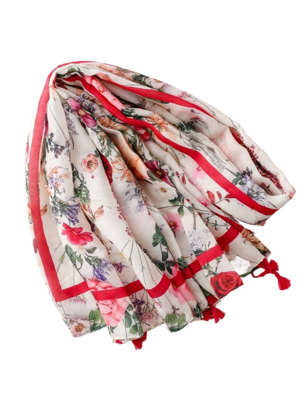 Model wearing Romantic Bloom Tassel Scarf draped around neck with visible tassels