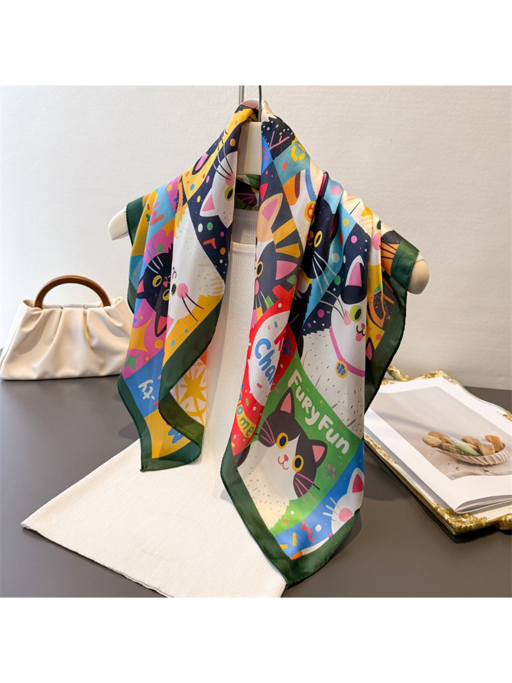 Scarvii Cartoon Cat Print Square Scarf