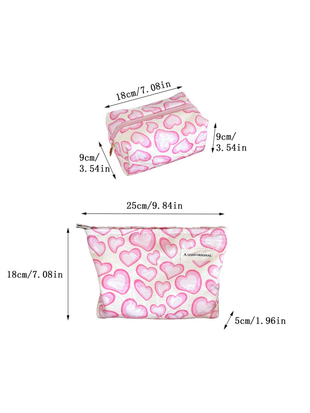 Cosbai - Pink White Heart Print Zipper Cosmetic Bag
