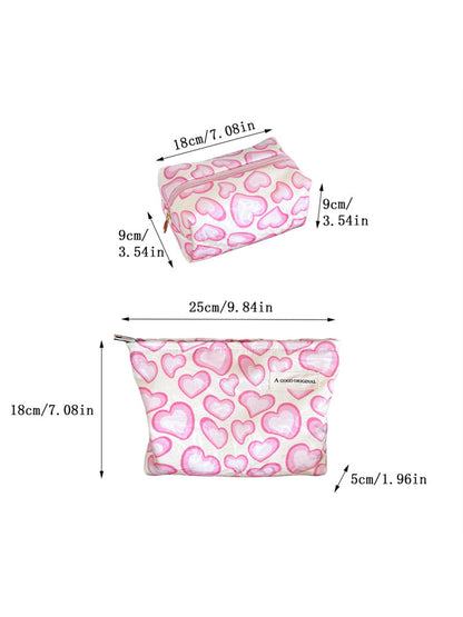 Cosbai - Pink White Heart Print Zipper Cosmetic Bag