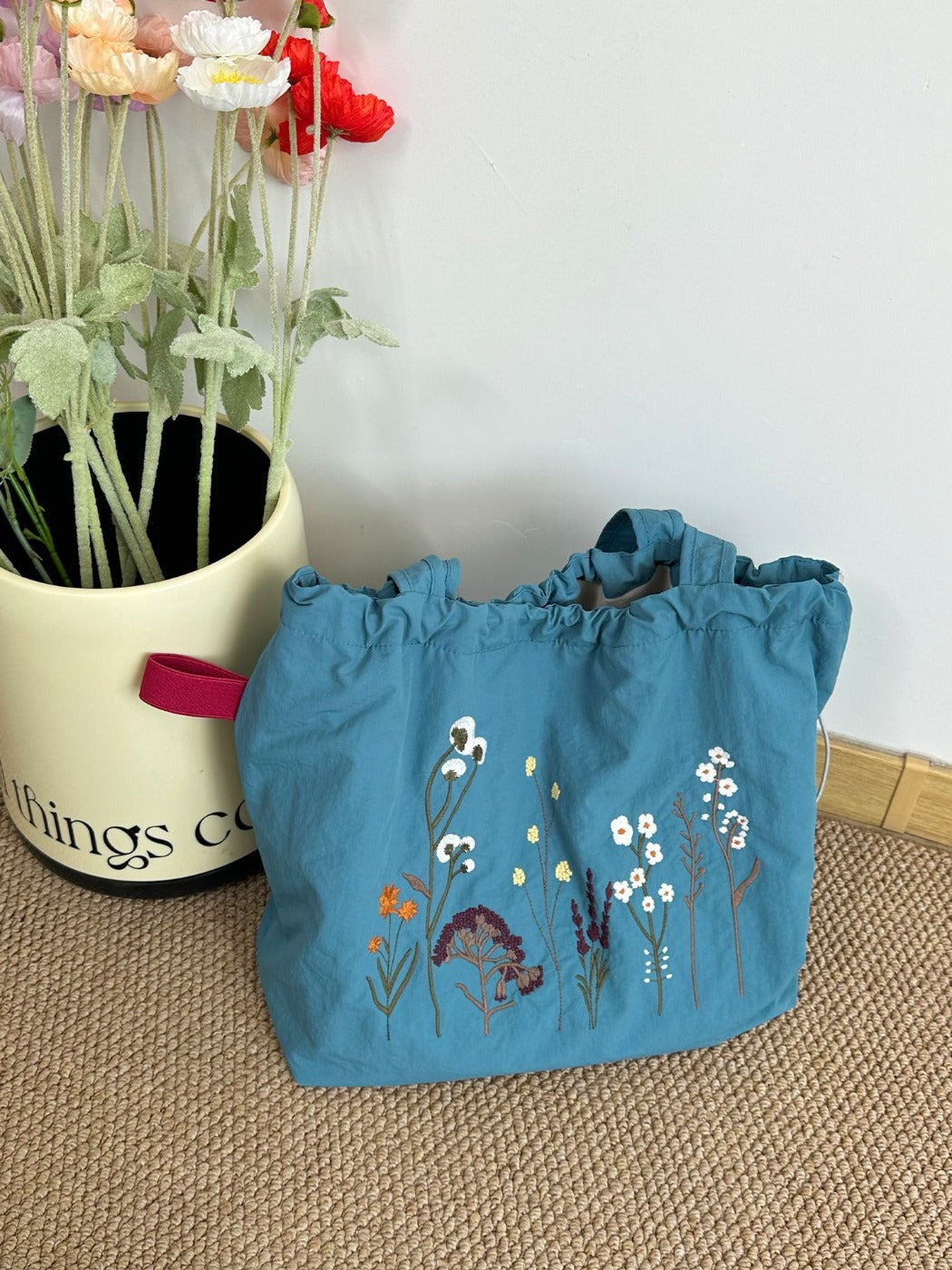 Cosbai - Floral Embroidery Drawstring Tote Bag