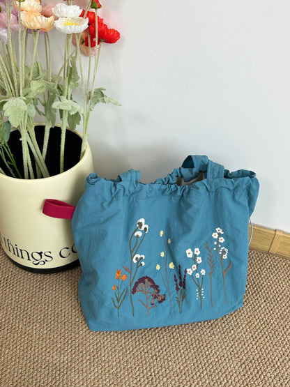 Cosbai - Floral Embroidery Drawstring Tote Bag