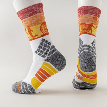 Stack of Rufia color block sport crew socks in various color combinations