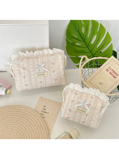 Cosbai - Floral Stripe Ruffle Trim Bow Pouch