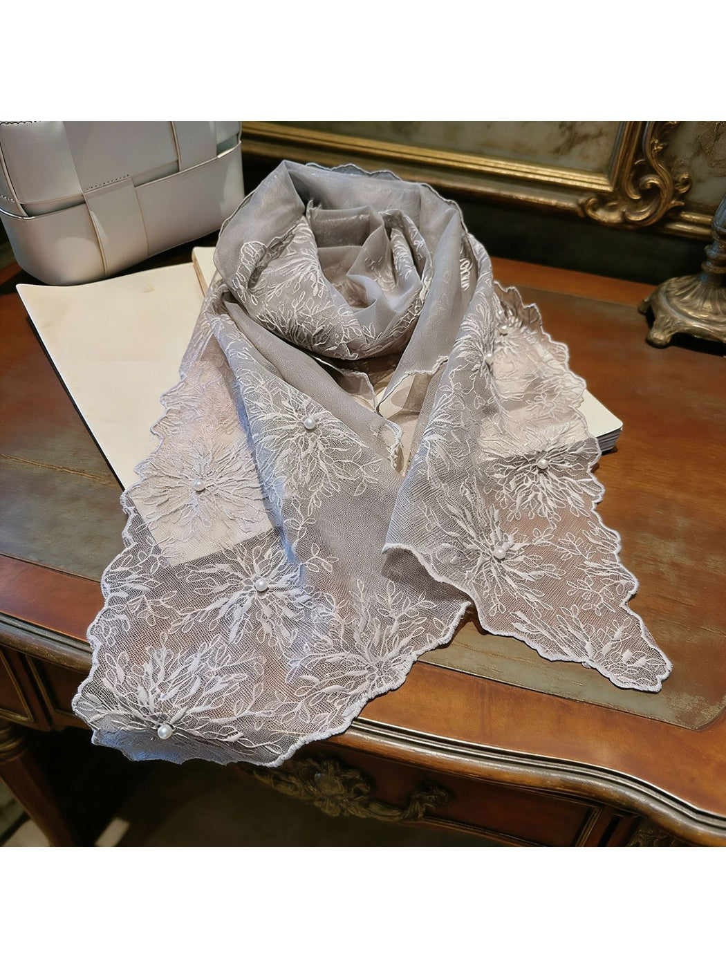 Scarvii - Floral Lace Embroidered Long Scarf