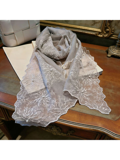 Scarvii - Floral Lace Embroidered Long Scarf