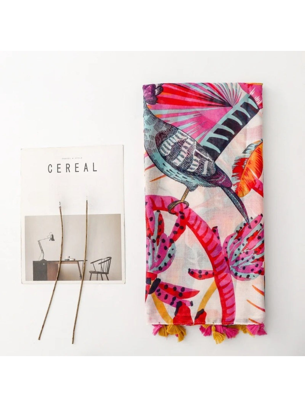 Scarvii - Tropical Bird Print Tassel Wrap Scarf
