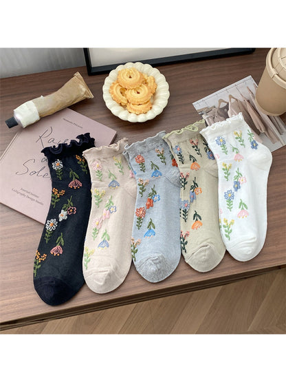 Rufia - Fresh Floral Ruffle Trim Ankle Socks