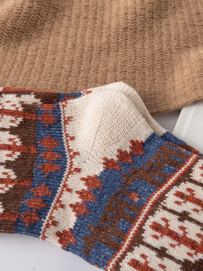 Rufia - Vintage Animal Print Mid-Calf Winter Socks - 5 Pairs/Pack