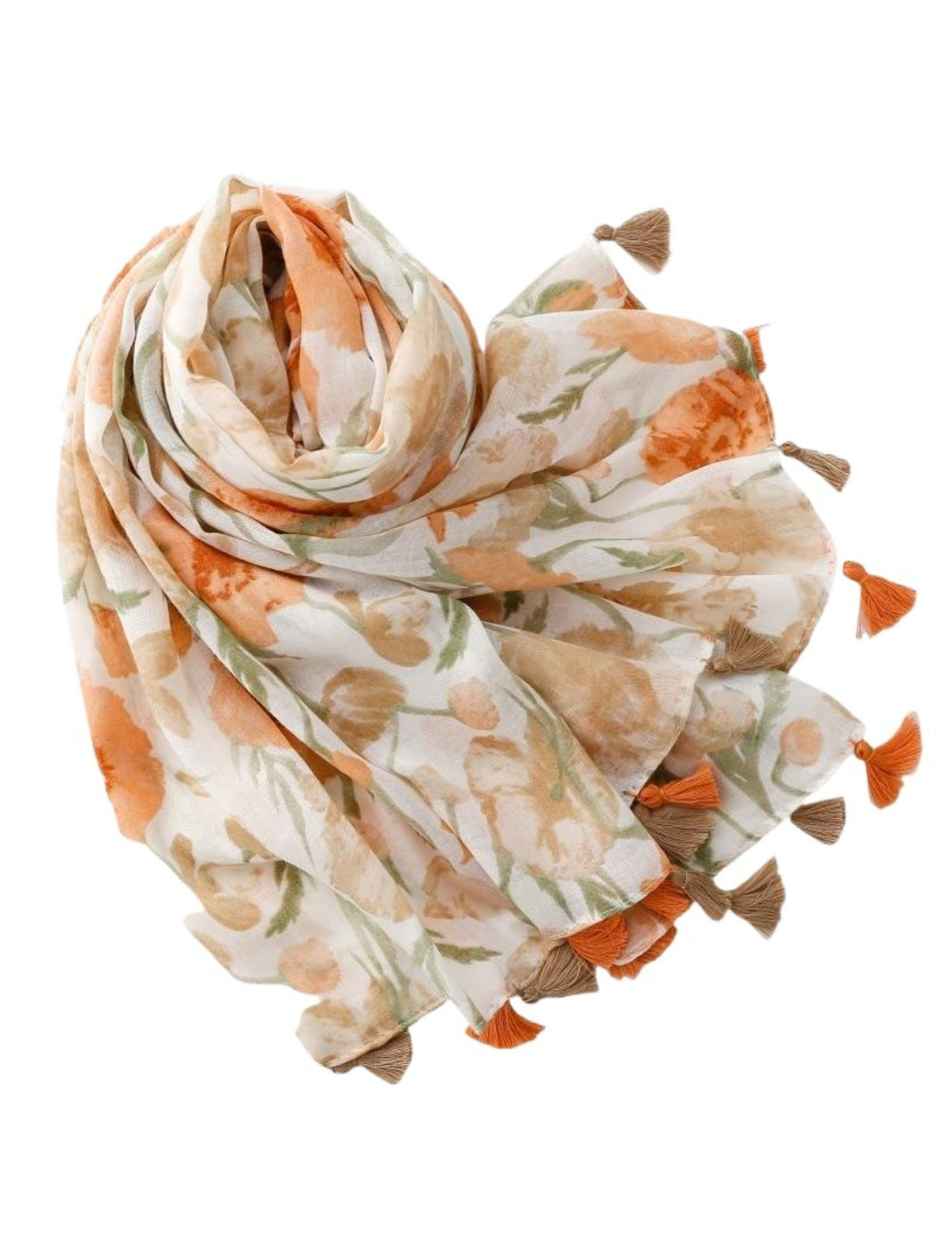 Scarvii scarf styled as a head wrap showing colorful floral watercolor design and tassels