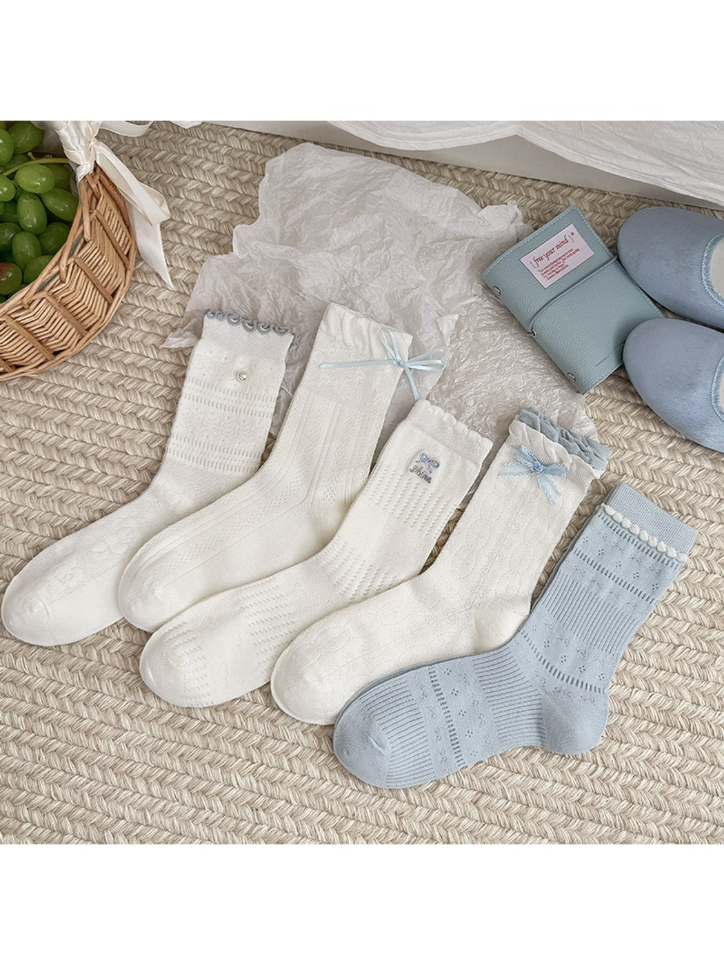 Rufia - Bow and Embroidery Detail Openwork Crew Socks