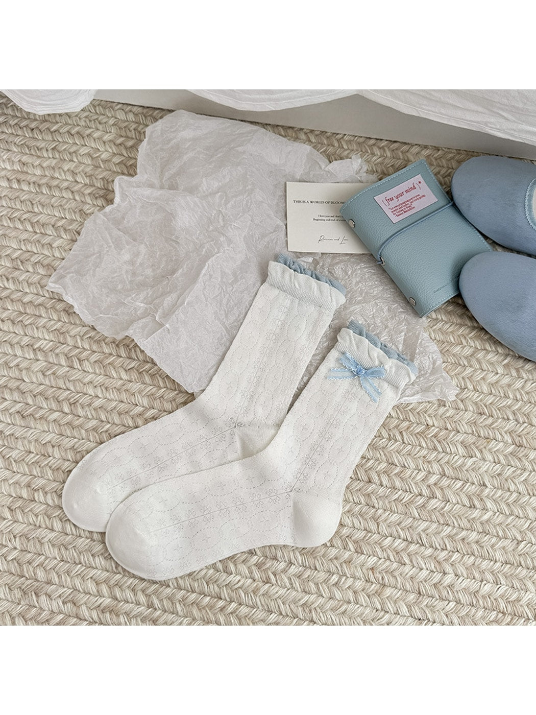 Rufia - Bow and Embroidery Detail Openwork Crew Socks
