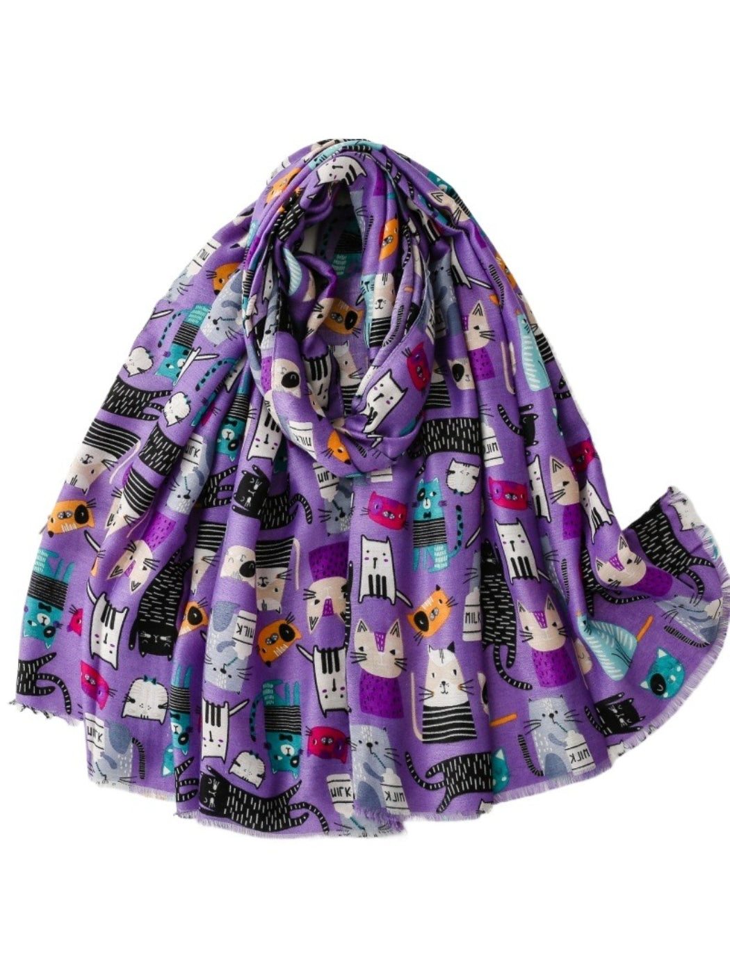 Folded Scarvii scarf showing multicoloured cat illustrations on lightweight material