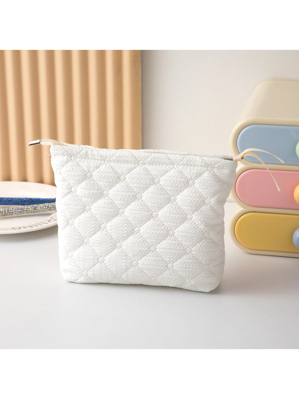 Cosbai - Quilted Plaid Zipper Cosmetic Organizer Bag