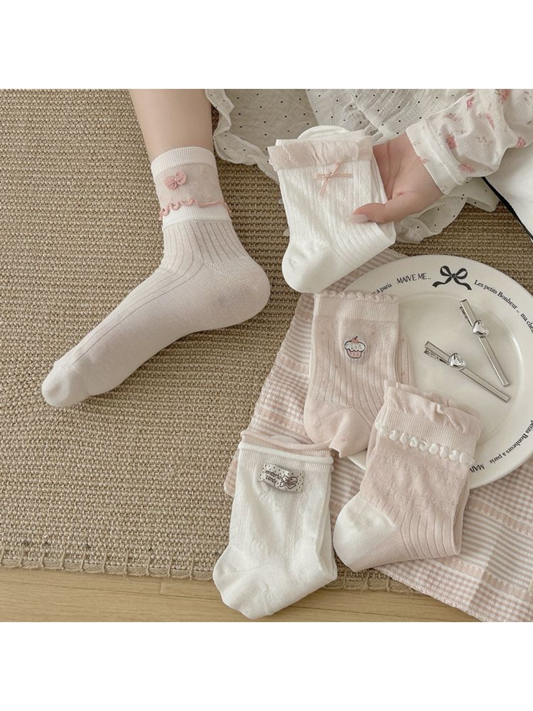Rufia - Pink Tones Cute Ribbed Crew Socks
