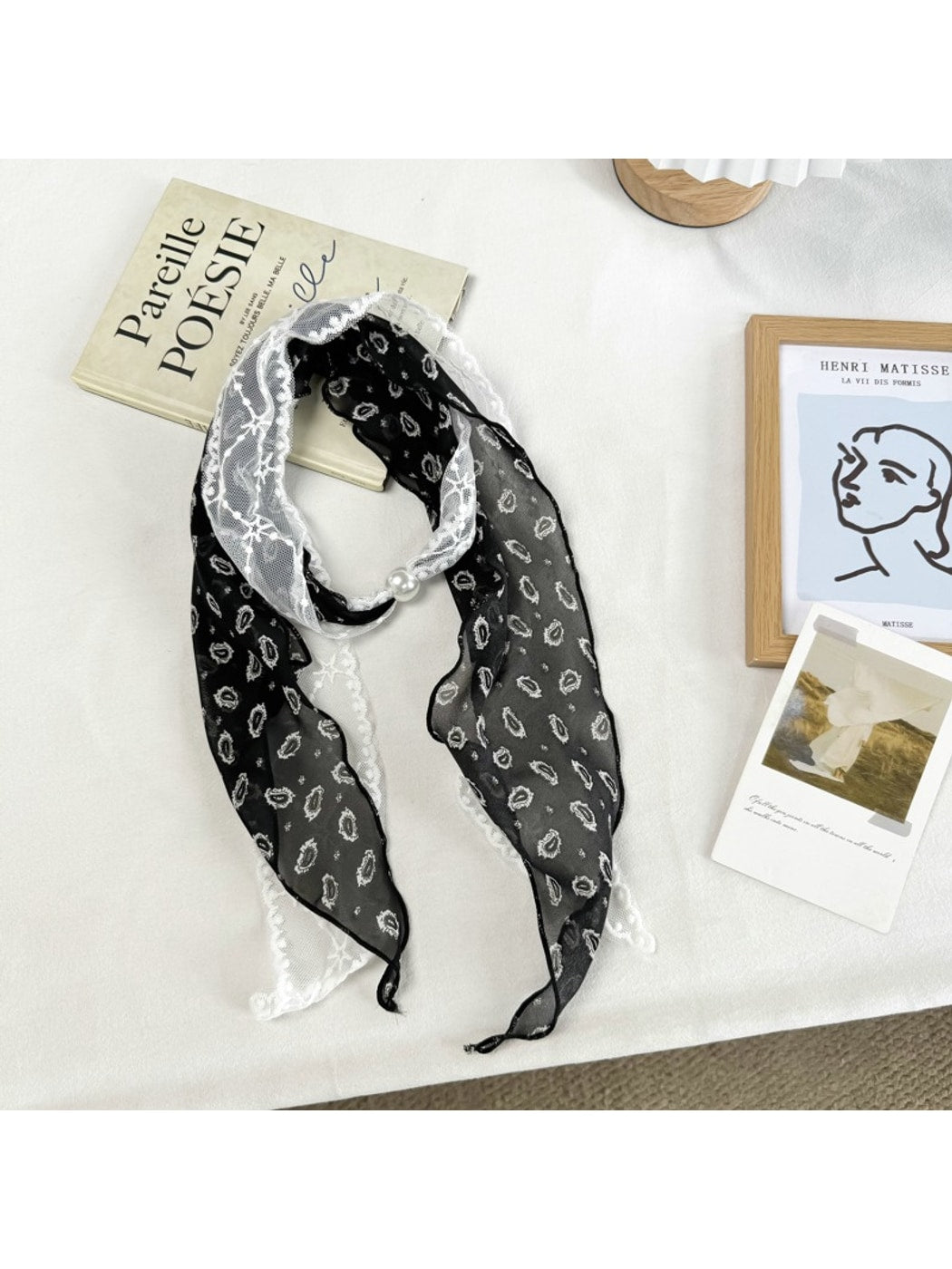 Scarvii - Polka Dot Lace-Edge Long Narrow Neck Scarf