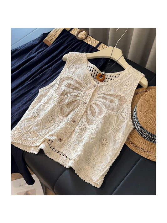 Crosa - V-Neck Butterfly Pattern Openwork Sleeveless Vest