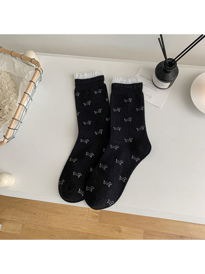 Rufia - Minimal Dog Pattern Ruffle Cuff Crew Socks