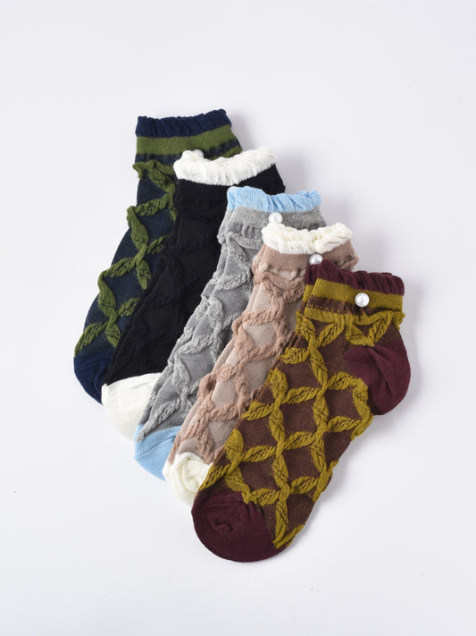 Rufia -  Ruffle Pearl Decorated Ankle Socks for Women, Summer - Friendly