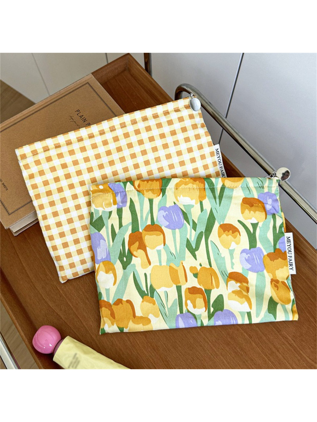 Close-up of Cosbai Candy Check Makeup Bag showing colorful check pattern