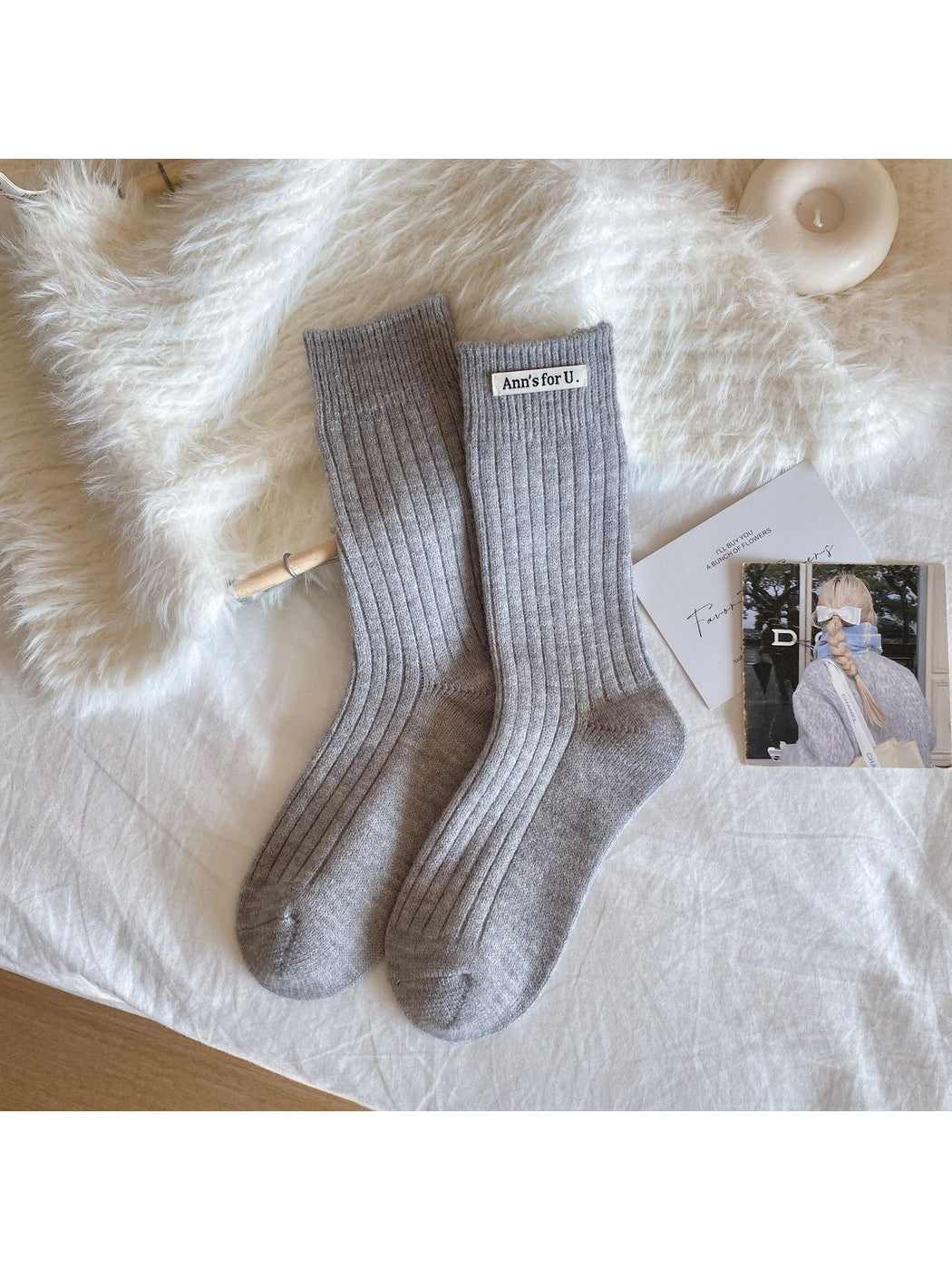 Rufia - Elegant Solid Ribbed Crew Casual Socks