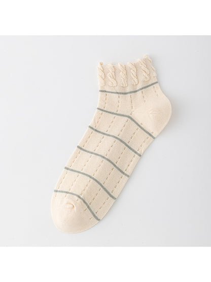 Rufia - Ruffle Cuff Striped Pattern Ankle Socks