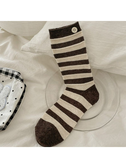Rufia button detail stripe crew socks displayed on a wooden surface