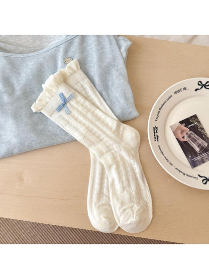 Rufia - Elegant Bow Ruffle Ribbed Crew Socks