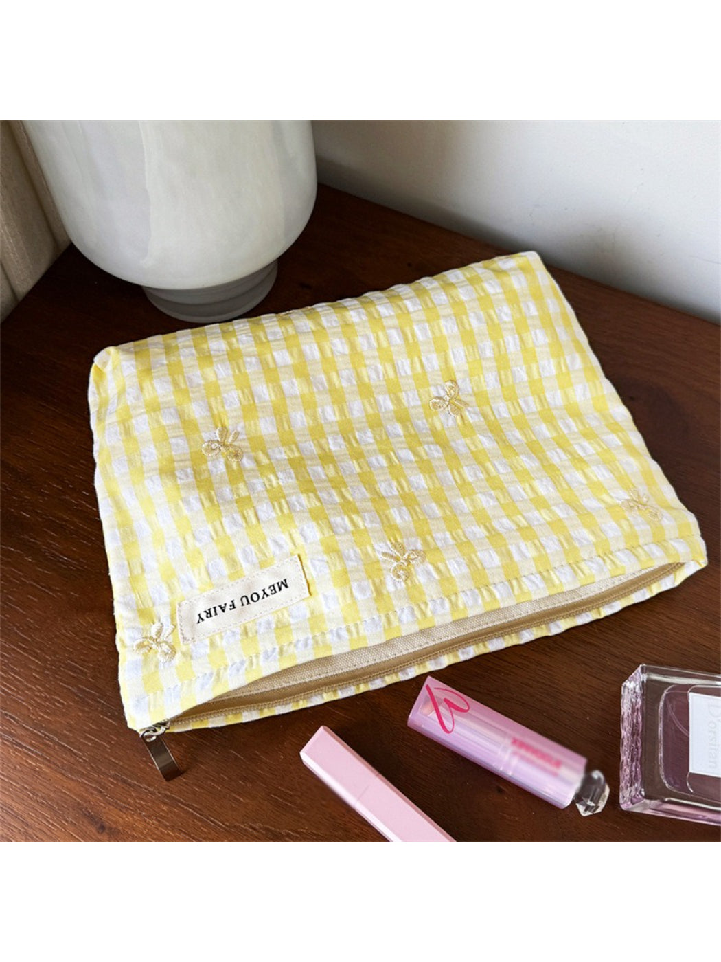Cosbai pastel check zip pouch displayed flat with visible check design