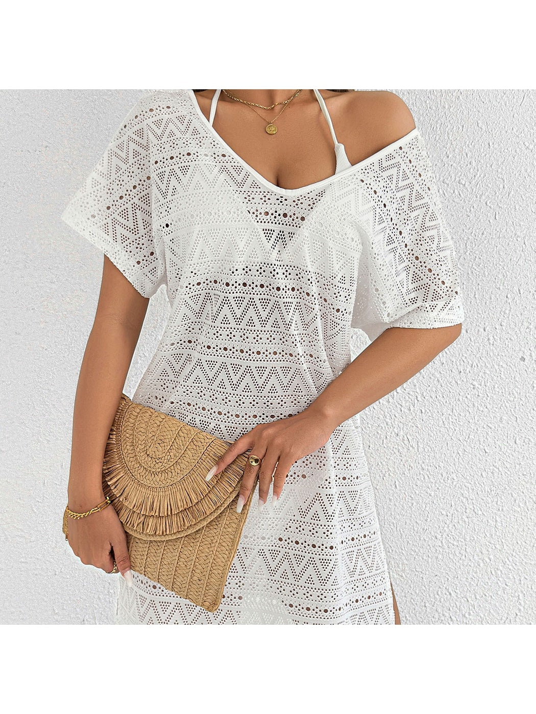 Crosa - Deep V Neck Side Slit Cover Up Dress