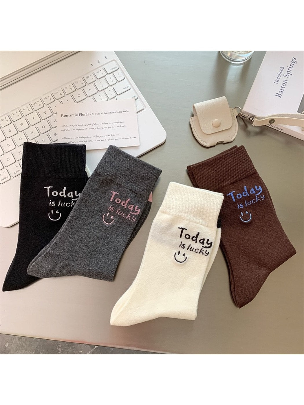 Rufia - Smiley Face Letter Print Everyday Crew Socks