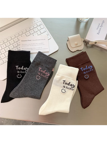 Rufia - Smiley Face Letter Print Everyday Crew Socks