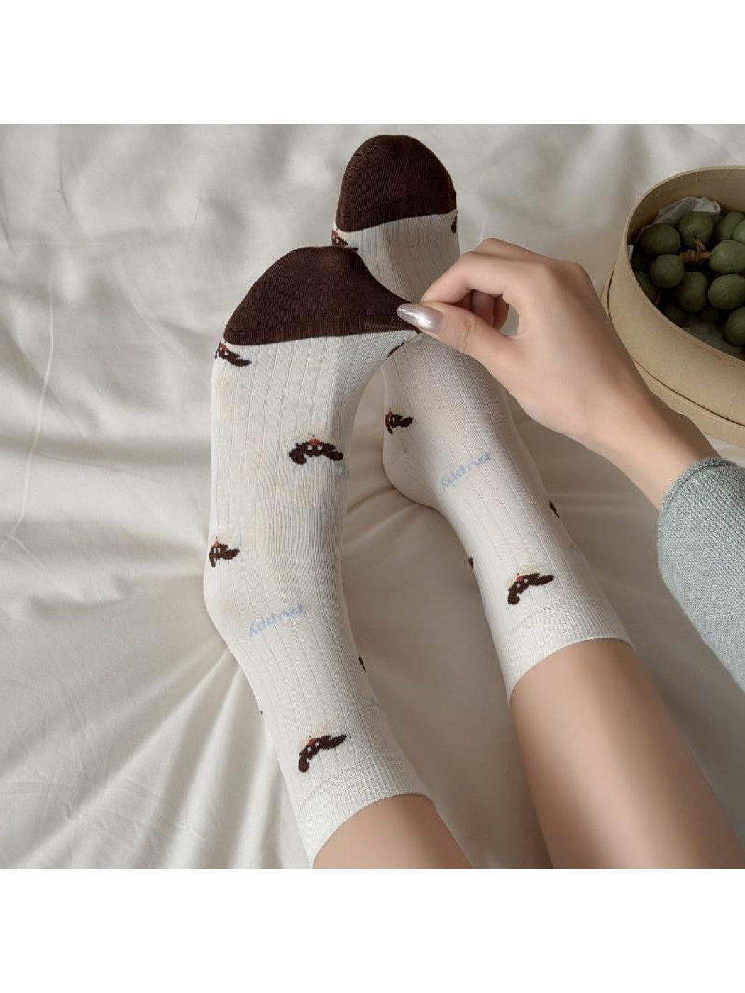 Rufia - Playful Dog Embroidery Ribbed Crew Socks