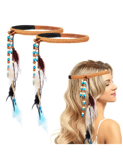 Boho beaded feather headband hair headpiece with colorful beads and feathers on a white background